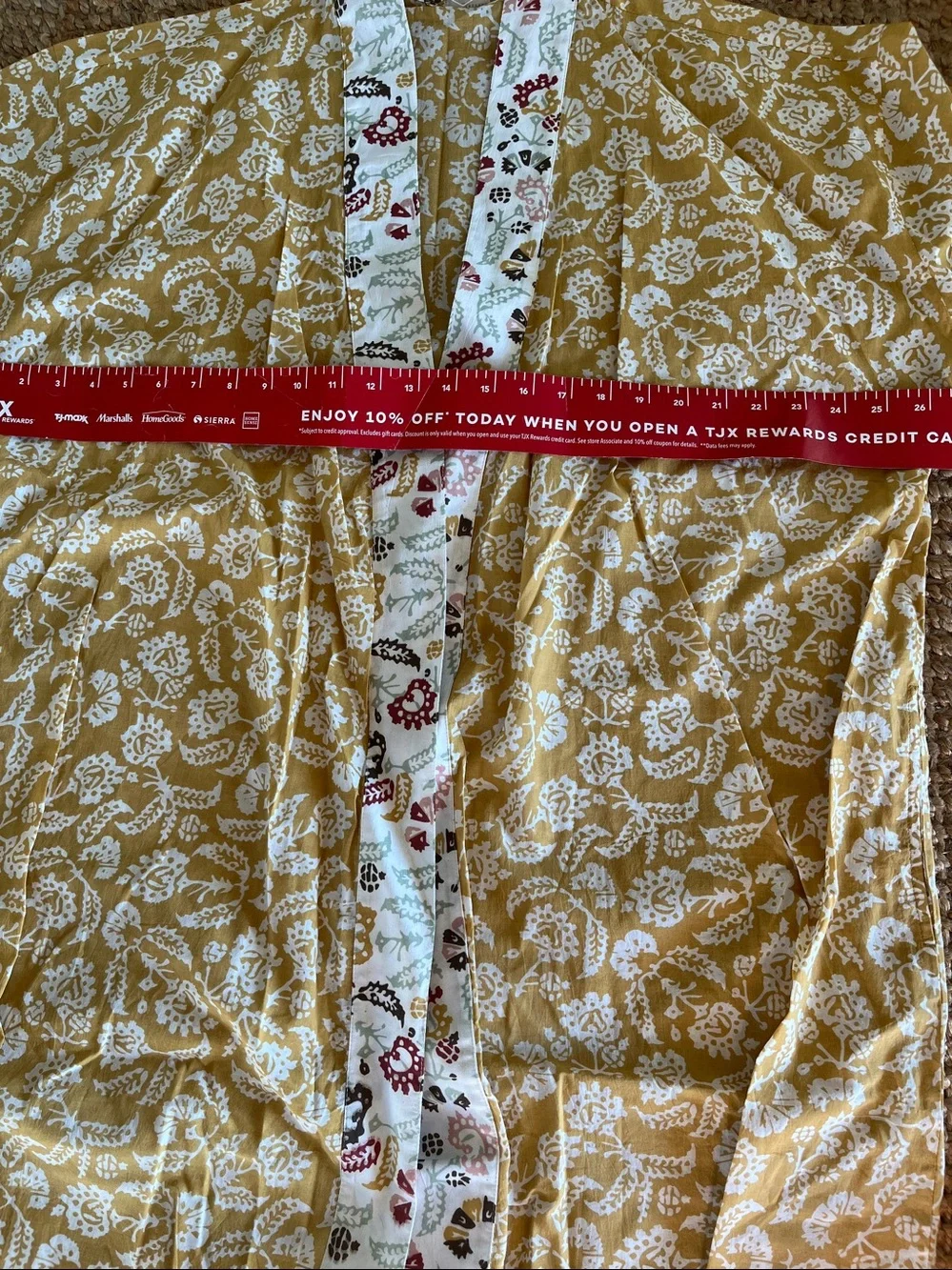 Pottery Barn Mustard Yellow & White Floral Cotton Robe, belt tie Sz M